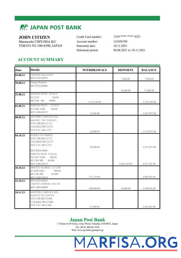 Printable Japan Post bank statement excel sample